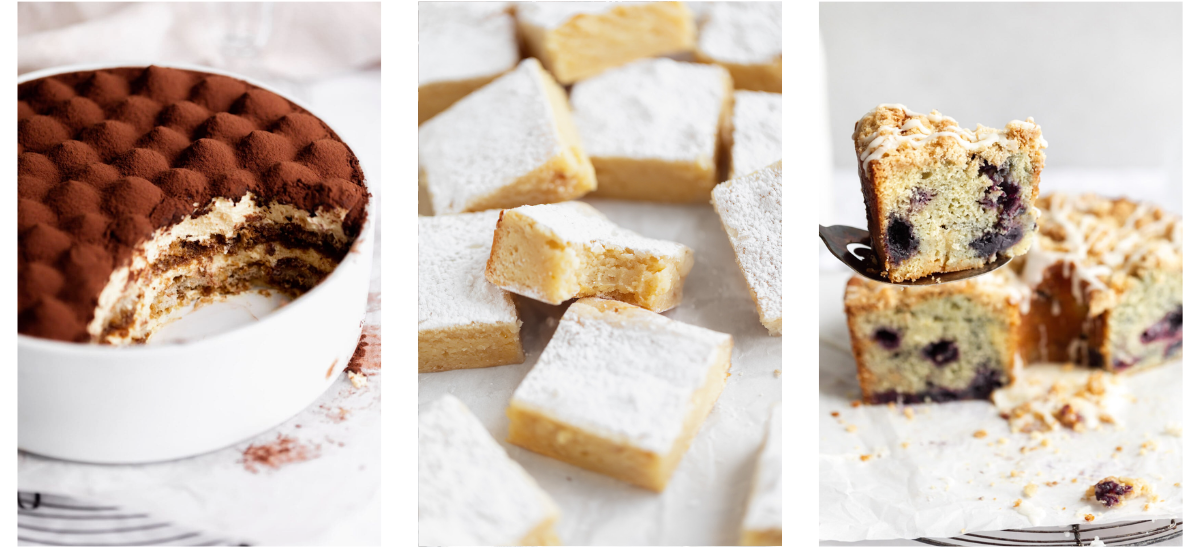 a collage of tiramisu, blondies, and blueberry coffee cake all shot from a 45 degree camera angle