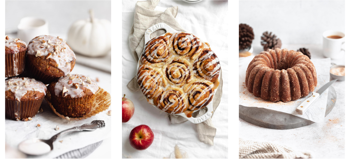 3 images with fall styling props like pumpkins, apples, and pinecones